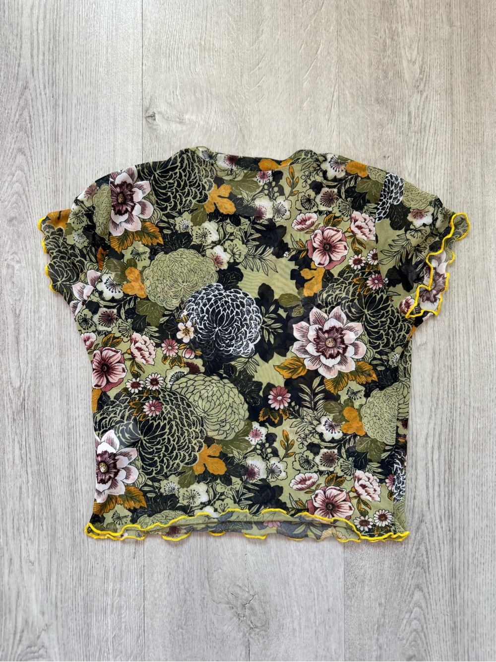 Papaya Olive Floral Mesh Crop Top